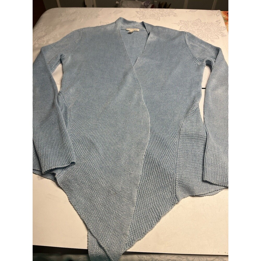 Eileen Fisher Linen Light Blue Open Front Asymmetrical Cardigan Sweater Sz PS